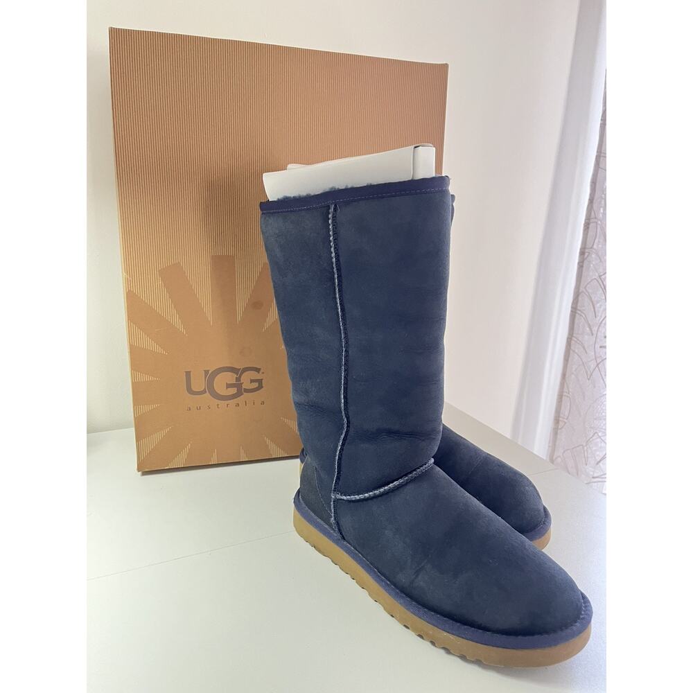 UGG Australia Women's 7 Tall Suede Sheepskin Lining Winter Boots Navy PullOn NEW